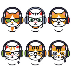 Six animated cats wearing different headphones, glasses, expressions. Cats customer service agents various styles, sunglasses, headsets, facial features. Cute, colorful cartoon feline faces