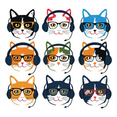 Obraz premium Nine different cats wearing colorful headphones, features distinct markings glasses, cat has unique look, various eye colors, fur patterns, accessories. Cartoonstyle feline faces express personality