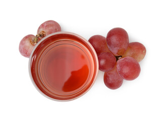 Wine vinegar and grapes isolated on white, top view