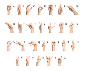 Sign language alphabet. Hand gestures and corresponding letters on white background