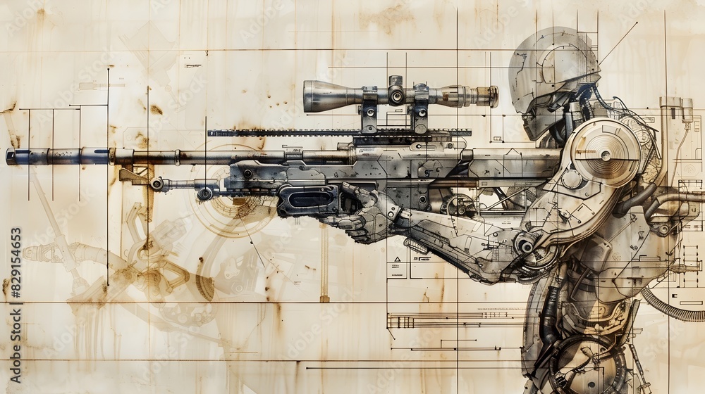 Wall mural Futuristic Soldier Wielding Advanced Tactical Assault Rifle in Combat Scenario - Wall murals