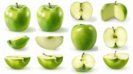 Green apple apples, many angles and view side top sliced halved cut isolated on transparent background - Powered by Adobe