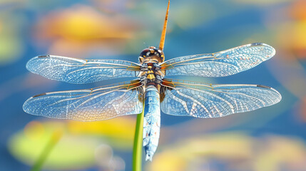 A close-up of a dragonfly resting on a reed by the water, its transparent wings catching the light and displaying delicate veins.

