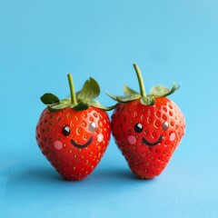 Two couple Strawberry with smiley faces on a desk. International Friendship Day Concept. 