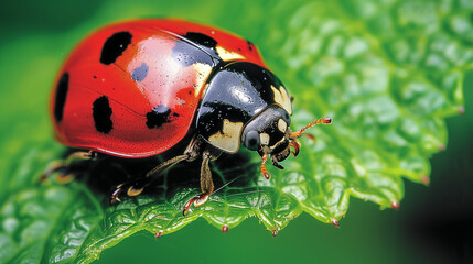 A close-up of a ladybug crawling on a green leaf, its bright red shell with black spots contrasting against the lush foliage.
