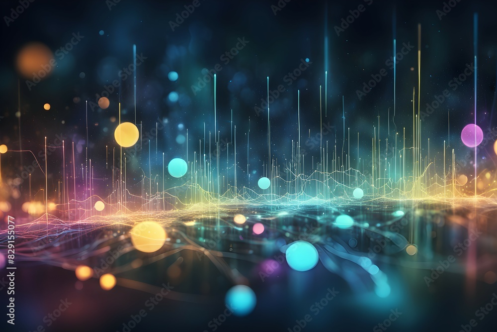Poster a colorful, abstract image of a cityscape with many dots of different colors