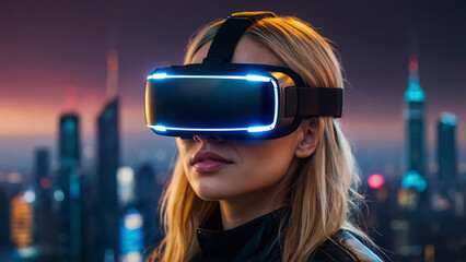 A woman wearing a virtual reality headset is standing in front of a city skyline