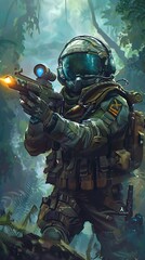 Fototapeta premium Elite Special Forces Soldier Conducting Covert Jungle Ops with Advanced Tactical Gear and Assault Weapon