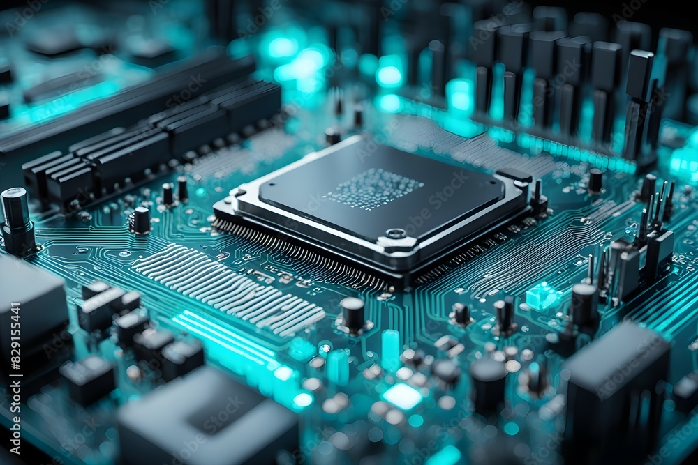 Poster a close up of a computer chip with a blue background