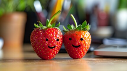 Two couple Strawberry with smiley faces on a desk. International Friendship Day Concept. 