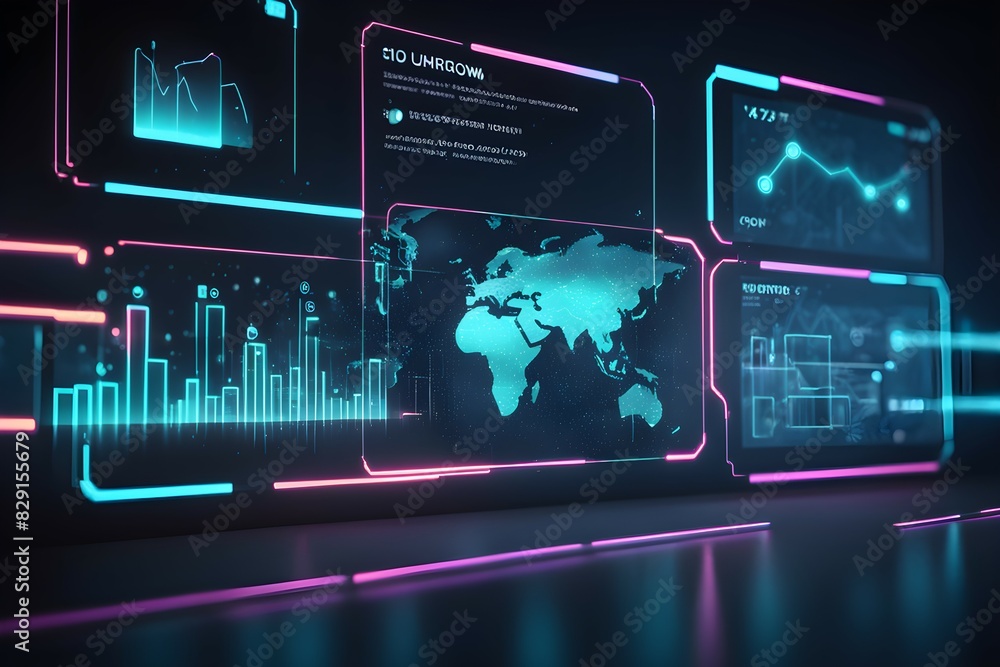 Poster a computer screen displays a map of the world with various graphs and numbers