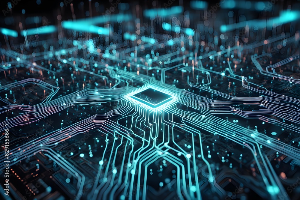Poster a computer chip is shown in a blue and red color scheme
