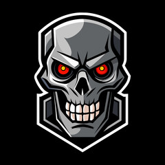 Cyberpunk skull logo with intense red eyes and a sharp, geometric design, ideal for esports teams, gaming communities, and branding. High-quality vector illustration. Cyborg head 