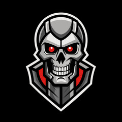 Cyberpunk skull logo with intense red eyes and a sharp, geometric design, ideal for esports teams, gaming communities, and branding. High-quality vector illustration. Cyborg head 