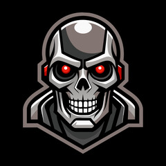 Cyberpunk skull logo with intense red eyes and a sharp, geometric design, ideal for esports teams, gaming communities, and branding. High-quality vector illustration. Cyborg head 