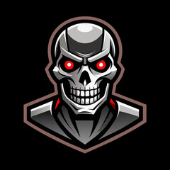 Cyberpunk skull logo with intense red eyes and a sharp, geometric design, ideal for esports teams, gaming communities, and branding. High-quality vector illustration. Cyborg head 