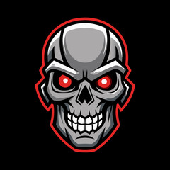 Cyberpunk skull logo with intense red eyes and a sharp, geometric design, ideal for esports teams, gaming communities, and branding. High-quality vector illustration. Cyborg head 