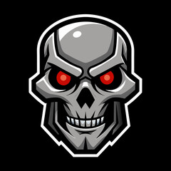 Cyberpunk skull logo with intense red eyes and a sharp, geometric design, ideal for esports teams, gaming communities, and branding. High-quality vector illustration. Cyborg head 