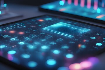 Obraz premium A tablet with a blue screen showing a lot of different icons and buttons