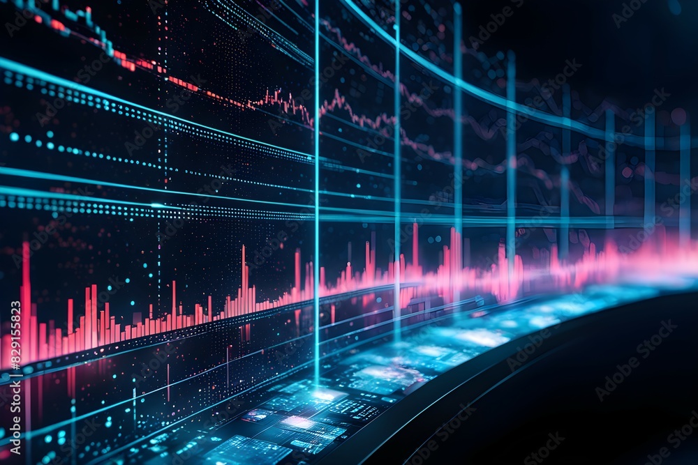 Poster a computer screen displays a series of graphs and numbers