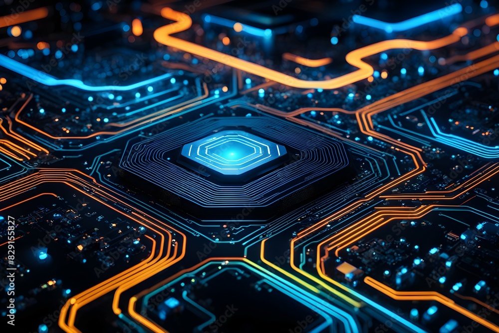 Poster a computer chip with a blue square on it