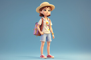 A cartoon girl wearing a straw hat and blue shorts is holding a backpack