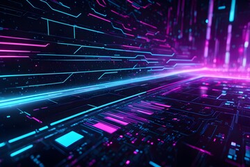 Obraz premium A computer generated image of a futuristic cityscape with neon lights and a blue