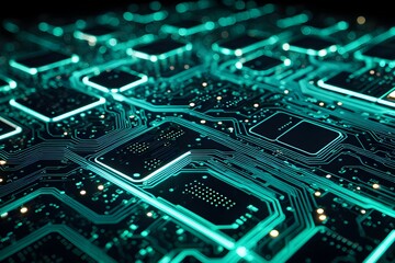 A close up of a computer chip with a green background