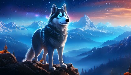 A majestic Siberian Husky with piercing blue eyes, standing on a rocky mountain ledge 