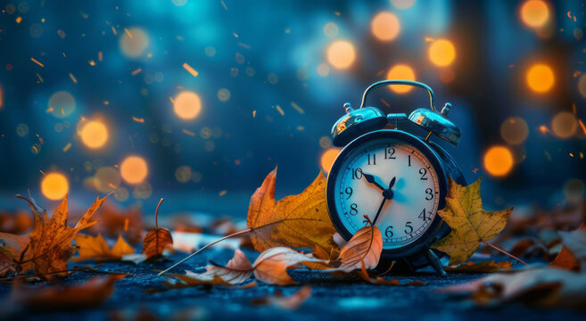 An alarm clock, adorned with autumn leaves, signifies the time to turn back your clocks, set against a dark blue background.