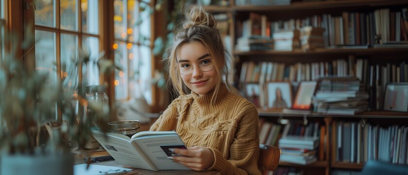 Jovem mulher loira lendo em um escrit&oacute;rio em &acirc;ngulo aberto