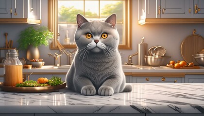 A sleek, gray British Shorthair cat with round, copper eyes, sitting calmly on a marble countertop