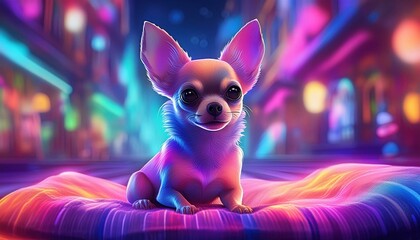 A tiny Chihuahua with a curious expression, sitting on a brightly colored blanket, the room 