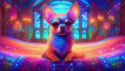 A tiny Chihuahua with a curious expression, sitting on a brightly colored blanket, the room 