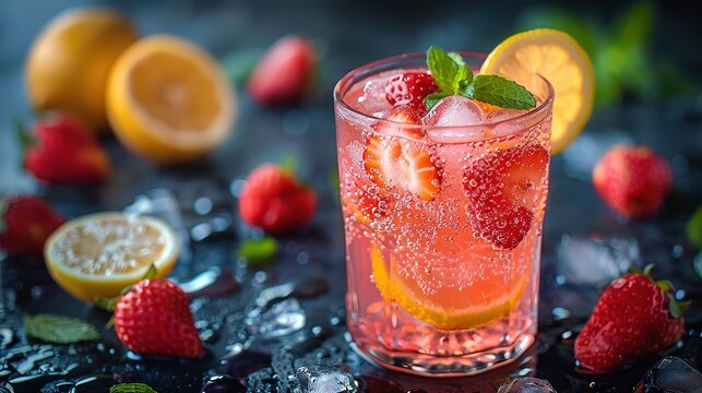 Spring or summer refreshing cold cocktail or mocktail with berries and lemon, raspberry lemonade