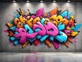 Colorful graffiti on the concrete wall. Graphic Design 3D