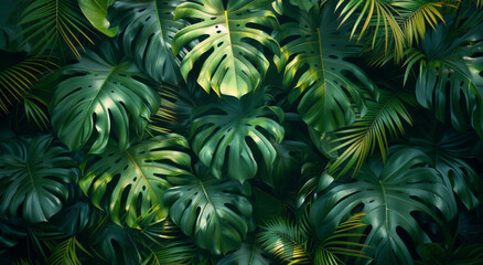 A dark green canopy of many palm tree leaves.
