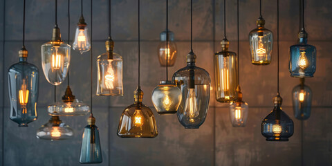 Vintage glass pendant lights of various shades and shapes hang from the ceiling in an industrial setting, with the illuminated light bulbs casting warm golden hues.