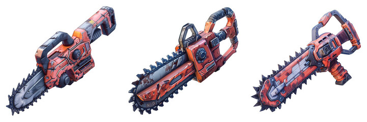 Fototapeta premium Chainsaw isolated on transparent png background collection set . Generative ai