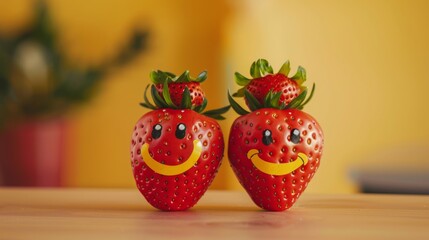 Two couple Strawberry with smiley faces on a desk. International Friendship Day Concept. 
