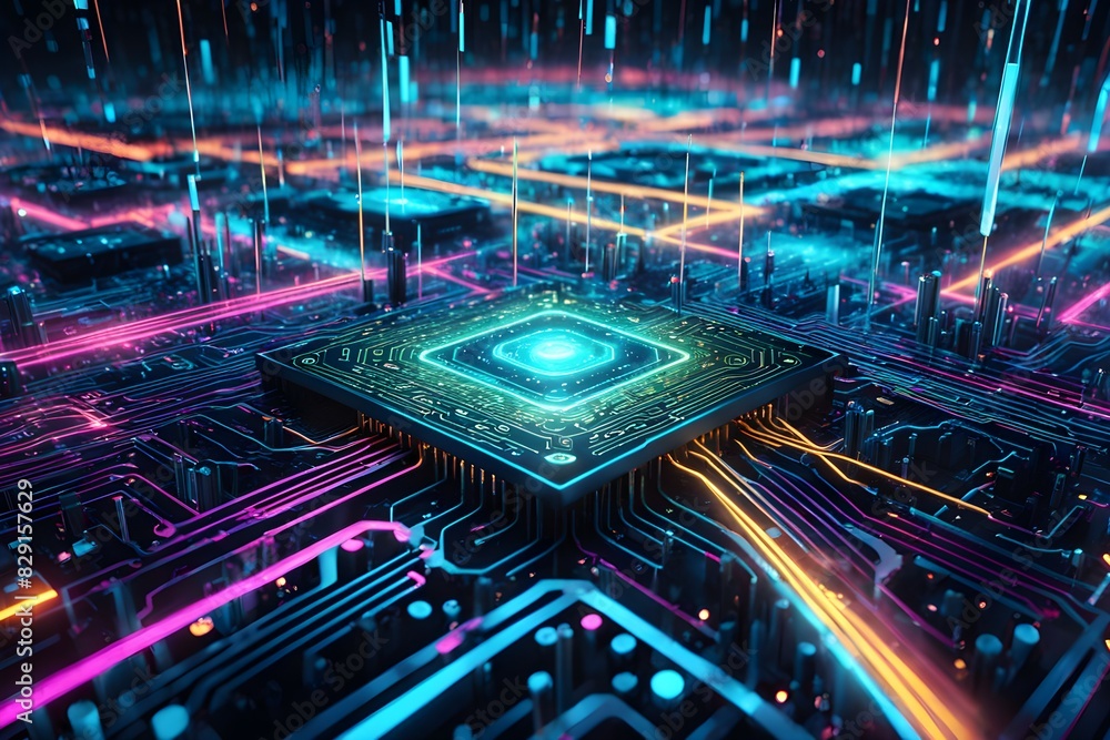 Poster a computer chip is surrounded by a colorful grid of wires