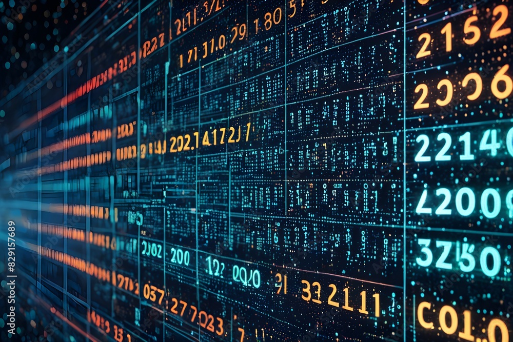 Poster a computer screen with a lot of numbers and lines
