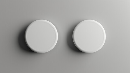 Design concept - top view of 2 white badge on grey background for mockup, it's real photo, not 3D...