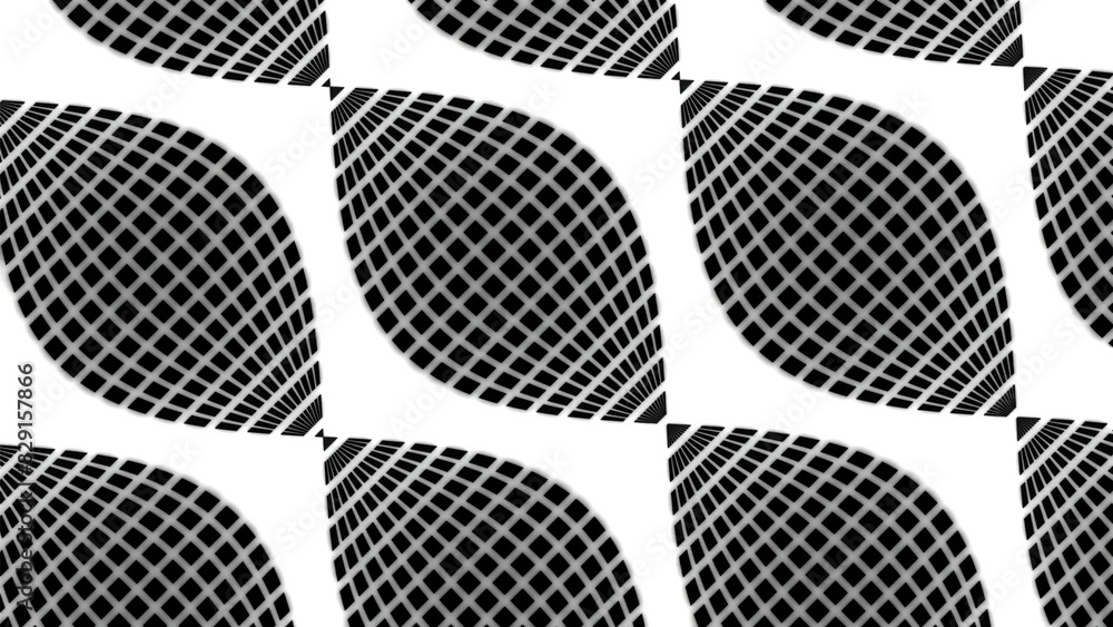 Poster Moving lines of grid pattern creating 3D effect. Design. Moving pattern with circular lines and hypnotic grid inside. Pattern with illusion of movement in pattern on white background