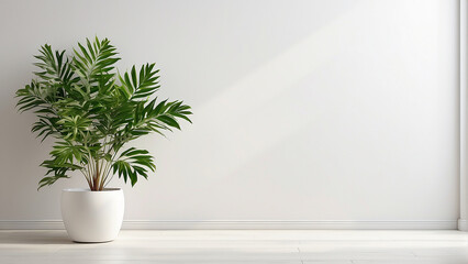 Fototapeta premium A white wall with a potted plant in the center