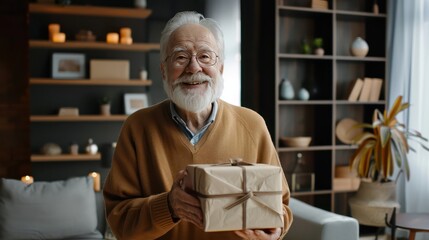 Close up of grandfather getting a gift package on a special day in his house.