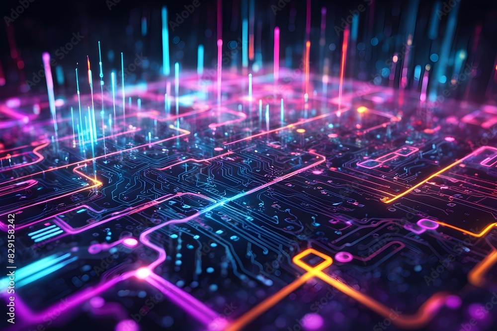 Poster a colorful computer chip with a lot of lines and dots