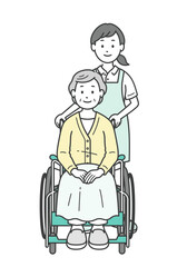 車椅子の女性高齢者を介助する介護士女性のイラストセット