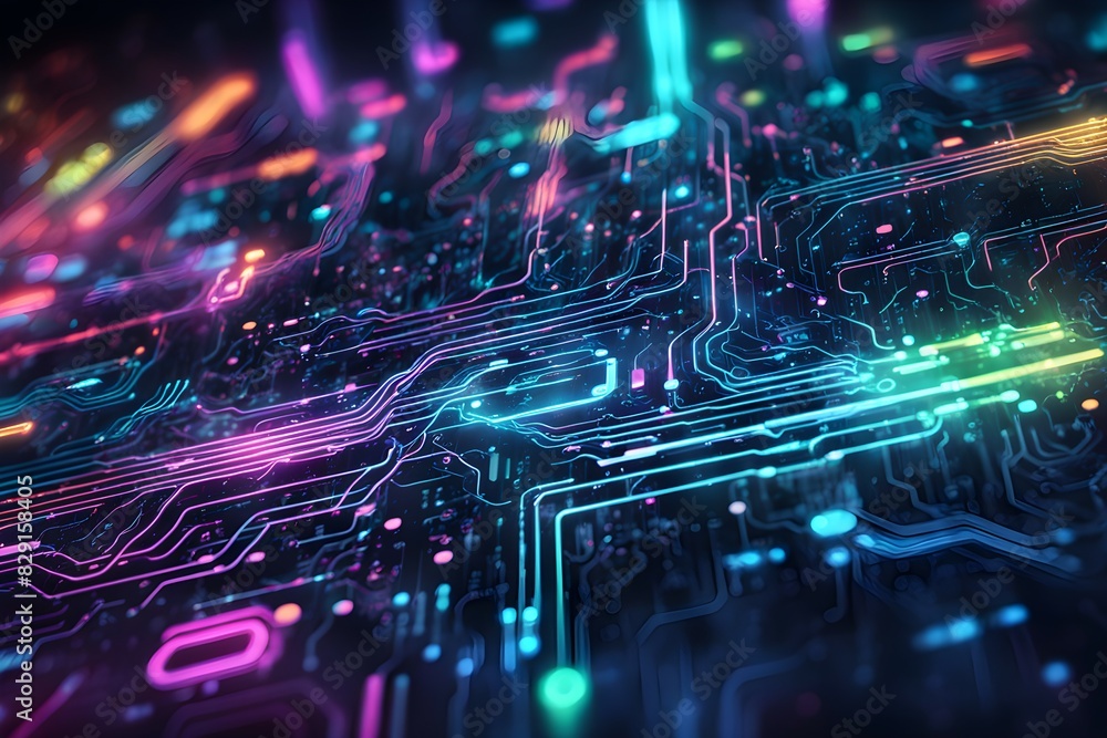 Poster a colorful image of a circuit board with many different colored lines and dots