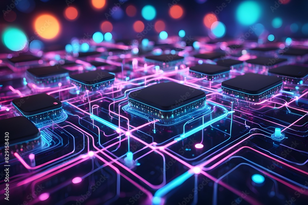 Poster a computer chip is shown in a neon color scheme